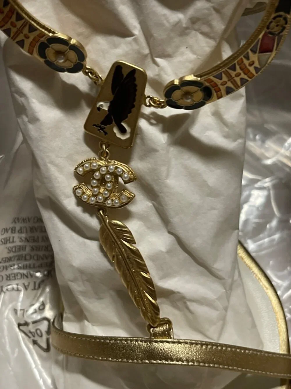 Chanel Gold Logo Charm Sandals with Pearl & Feathers, Ankle Strap, Size 41